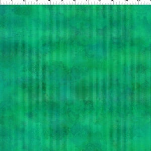 May include: A green fabric with a subtle, textured pattern of small white dots. The fabric has a mottled, watercolor-like effect, with shades of green and blue.