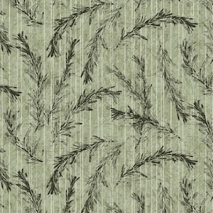 May include: A seamless pattern featuring sprigs of rosemary in a dark green color, set against a light green background with vertical white stripes. The design has a textured, slightly distressed appearance.