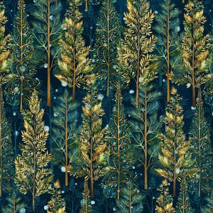 Peut inclure: Un motif répétitif représentant des arbres à feuilles persistantes stylisés avec un feuillage jaune doré et des troncs bruns sur un fond bleu marine profond. De petits accents circulaires blancs sont dispersés parmi les branches.