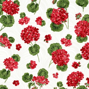 Benartex~Bettys Geraniums~Geranium Floral~White~Cotton Fabric by the Yard or Select Length 16093B-09