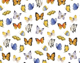 Tela de algodón blanca con estampado digital de girasoles y mariposas de EOB Clothworks, cortada a medida o con longitud seleccionada Y3911-1