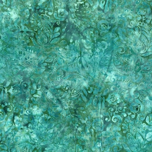 May include: A seamless fabric with a teal and green floral pattern. The design features stylized flowers, leaves, and swirling shapes in varying shades of teal and green, creating a textured, batik-like appearance. The overall effect is a rich, organic design.