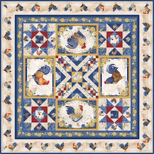 May include: A blue and white patchwork quilt with a rooster design. The quilt features a central square with a star pattern, surrounded by four squares with rooster motifs. The quilt is bordered by a row of roosters.