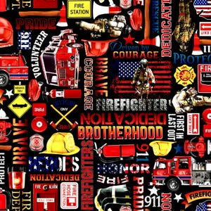 Timeless Treasures~Fire Rescue~Firefighter Equipment & Text~Digital~Black~Cotton Fabric by the Yard or Select Length CD1987-BLACK