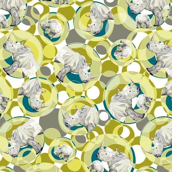 Quilting Treasures~Remarkable Rhinos~Rhino Toss~Digital Print~White~Cotton Fabric by the Yard or Select Length 28750-Z