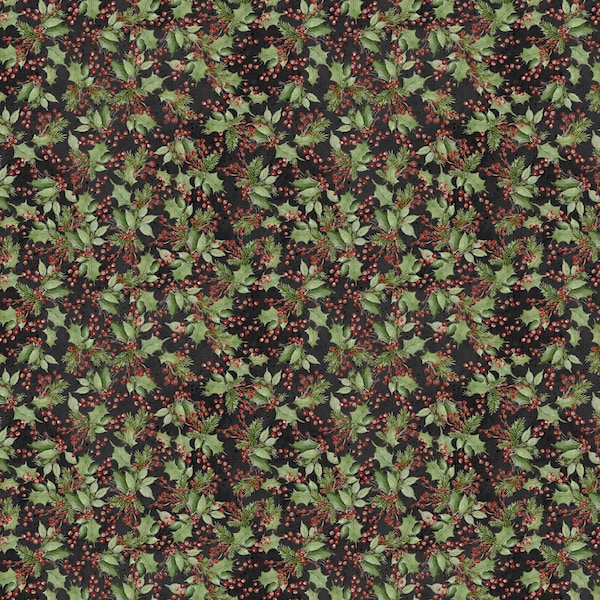 Wilmington Prints~Winter Forest~Holly & Berries~Black~Cotton Fabric by the Yard or Select Length 39692-973