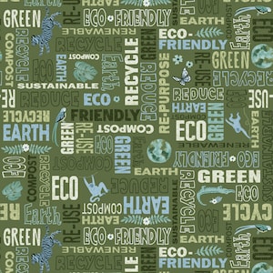 May include: A green background with a repeating pattern of words related to sustainability and the environment. The words are in various shades of blue, green, and white. The words include "eco", "green", "recycle", "earth", "compost", "reduce", "re-use", "renewable", "sustainable", and "eco-friendly".