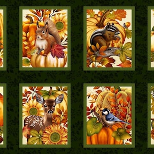 May include: A fabric panel featuring eight rectangular images with autumn-themed illustrations. Each image showcases a different animal, including a fox, squirrel, chipmunk, quail, deer, bluebird, and rabbit, set against pumpkins, sunflowers, and fall foliage.