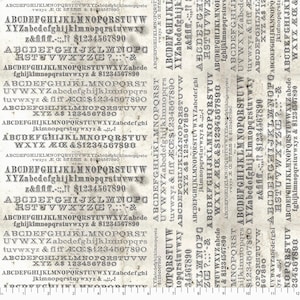 May include: A white background with a repeating pattern of black text. The text includes the alphabet, numbers, and punctuation marks. The text is in a variety of fonts and sizes. The text is slightly faded and worn, giving it a vintage look.