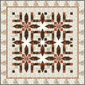 May include: A quilt block pattern with a white background and a repeating design of brown and red diamond shapes. The quilt block is surrounded by a border of white and brown.