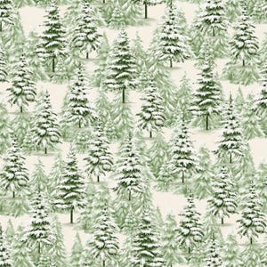 May include: A repeating pattern of green and white snow-covered pine trees on a cream background. The trees vary in size and density, creating a winter forest scene. The design is suitable for fabric or wallpaper.