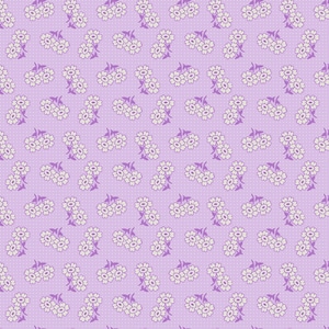 May include: A repeating pattern of white daisy-like flowers with purple stems and leaves on a light purple background. The background has a subtle dotted texture, creating a vintage floral design.