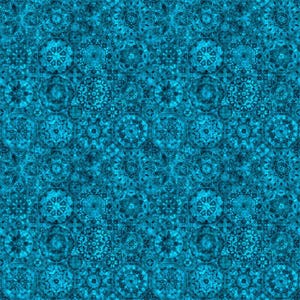 May include: A repeating pattern of teal and turquoise geometric shapes. The design features a mosaic of octagons and circles, each filled with intricate floral and star-like motifs. The overall effect is a textured, ornamental design.