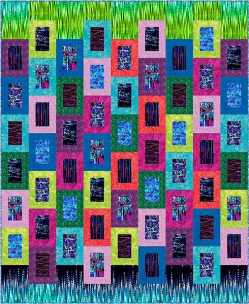 K&ouml;nnte beinhalten: Ein farbenfroher Quilt mit einem sich wiederholenden Muster aus Quadraten in Quadraten. Die Quadrate sind in Gr&uuml;n-, Blau-, Rosa-, Rot- und Schwarzt&ouml;nen gehalten. Der Hintergrund ist dunkelblau mit einem dezenten Muster.