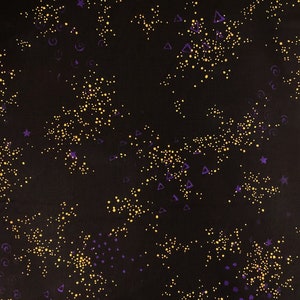 May include: Black fabric with a repeating pattern of yellow dots, purple triangles, stars, and swirls. The design creates a celestial or galaxy-like appearance, with the shapes scattered across the dark background.