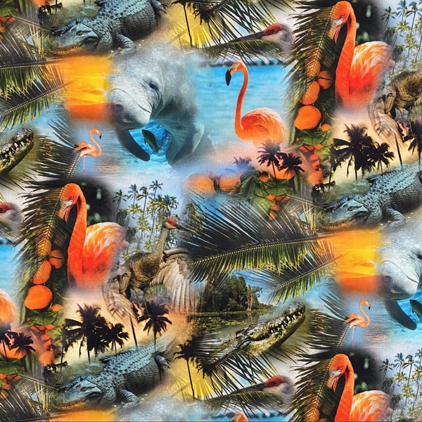 Hoffman~Call of the Wild~Animal Collage~Digital Print~Citrus~Cotton Fabric by the Yard or Select Length V5336-523