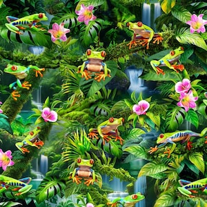 May include: A vibrant, digitally created pattern featuring numerous green frogs with red eyes and orange feet, set amidst lush green foliage, pink flowers, and cascading waterfalls. The design evokes a tropical rainforest theme.