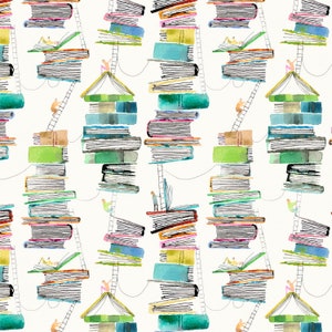 May include: Watercolor illustration of a repeating pattern featuring stacks of books in various colors. Small figures climb ladders to reach the tops of the book stacks, some reading. The background is a soft white.