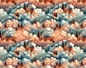 May include: A repeating pattern featuring a landscape of clouds and trees. The clouds are a mix of peach, white, and blue hues, with dark brown evergreen trees scattered throughout. The overall effect is a dreamy, artistic representation of a forest scene.