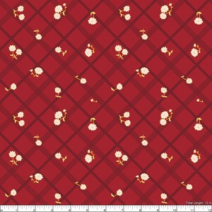 Puede incluir: Patr&oacute;n repetido de flores blancas con tallos y hojas amarillas, sobre un fondo rojo a cuadros. El patr&oacute;n se compone de l&iacute;neas diagonales y peque&ntilde;os grupos florales. Longitud total: 30,48 cm.