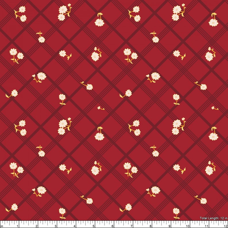 Puede incluir: Patr&oacute;n repetido de flores blancas con tallos y hojas amarillas, sobre un fondo rojo a cuadros. El patr&oacute;n se compone de l&iacute;neas diagonales y peque&ntilde;os grupos florales. Longitud total: 30,48 cm.