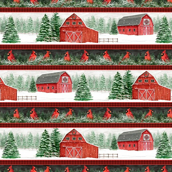 EOB~Wilmington Prints~Country Cardinals~Winter Scenic Repeating Stripe~Multi~Cotton Fabric by the Yard or Select Length 20052-319
