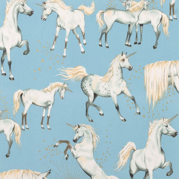 Alexander Henry~Nicoles Prints~Stars of the Unicorn~LARGE w/ Metallic Gold~Sky -Cotton Fabric by the Yard or Select Length M8676-AR2