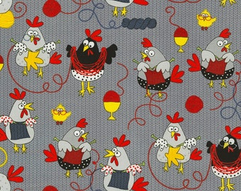 Timeless Treasures Knitting Chickens Knitting Chickens Allover Grey Cotton Fabric by the Yard or Select Length C5605-GRY