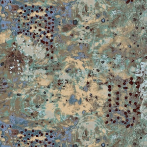 May include: Abstract art print with a textured background in shades of blue, brown, and beige. The print features a variety of shapes and patterns, including circles, dots, and swirls.