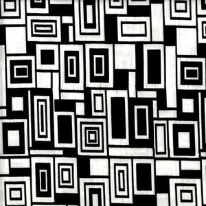 May include: A monochrome geometric pattern with a repeating design of rectangular shapes. The pattern features black rectangles of varying sizes and orientations on a white background, creating a modern, abstract design.