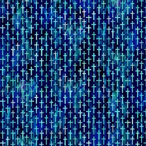 Puede incluir: Un patrón repetido de pequeñas cruces en tonos azules y turquesas sobre un fondo azul oscuro. Las cruces están espaciadas uniformemente y crean un efecto texturizado. El diseño tiene una cualidad sutil, fluida y abstracta.
