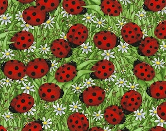 Lady Bug FLEURS Fleur Tissu 100% coton Clothworks 1762-1 feuilles sur blanc