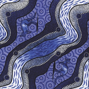 May include: An abstract artwork with a repeating pattern of blue and white lines and shapes. The design includes stylized depictions of kangaroos and flowing river-like elements, creating a dynamic and artistic composition. The artwork has a cultural theme.