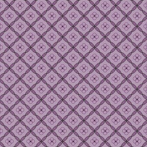 May include: A repeating geometric pattern featuring a light purple background with a grid of dark purple diamond shapes. Each diamond contains a centered four-petaled floral motif outlined in thin black lines, creating a symmetrical design.