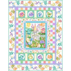 May include: A colorful quilt featuring a fantasy theme with dragons and a castle. The central panel depicts a castle scene with dragons, surrounded by framed dragon portraits and a border of dragon illustrations in pastel colors.