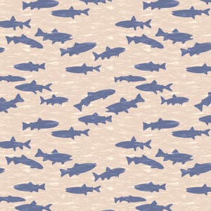 May include: A repeating pattern of blue fish silhouettes on a beige background. The fish are stylized and appear to be swimming in various directions. The background has a textured, water-like appearance.