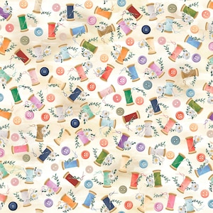 May include: A repeating pattern of sewing spools, buttons, and floral accents on a cream-colored background. The spools are filled with various colors of thread, and the buttons are in shades of orange, pink, green, and blue. The design has a vintage, craft-inspired aesthetic.
