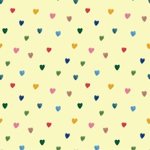 May include: A seamless pattern of colorful hearts on a light yellow background. The hearts are in various shades of red, pink, blue, green, and yellow.