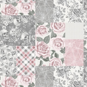 May include: A patchwork fabric design featuring alternating squares of light pink roses, grey skulls with floral accents, spider webs, and a pink and grey plaid pattern. The composition combines botanical elements with gothic motifs in a repeating grid.