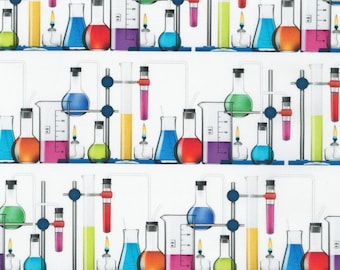 Robert Kaufman~Science Fair 3 Bright Idea~Beakers~Digital~White~Cotton Fabric by the Yard or Select Length SRKD19090392