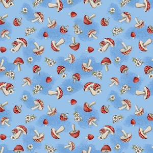 Wilmington Prints~Gnome-Grown~Mushrooms Allover~Blue~Cotton Fabric by the Yard or Select Length 39875-413