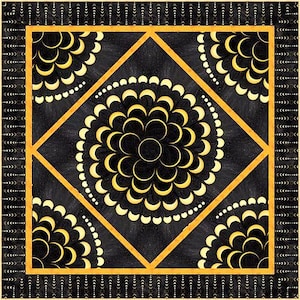 May include: A black and gold geometric pattern with a repeating design of crescent moons. The pattern is framed by a thick gold border.