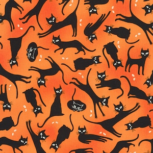 May include: A repeating pattern of black cats on an orange background. The cats are in various poses, some are standing, some are sitting, and some are jumping. The background is a gradient of orange, fading to a lighter orange at the top.