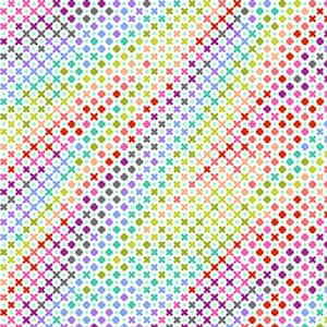 May include: A colorful cross-stitch pattern featuring a variety of colors including red, green, purple, and pink. The design is composed of small, evenly spaced crosses and dots, creating a textured, pixelated effect. The background is a light, off-white color.