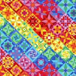 Puede incluir: Un patrón geométrico colorido con un arcoíris de colores, incluyendo rojo, naranja, amarillo, verde, azul, índigo y violeta. El patrón está formado por cuadrados y triángulos, y está dispuesto en un patrón diagonal.