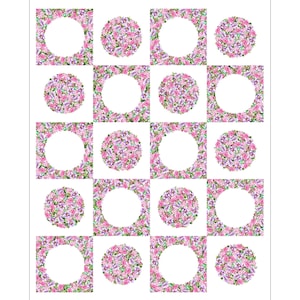 May include: A digital paper with a repeating pattern of pink and white floral circles. Each circle has a white center and is surrounded by a pink floral border. The pattern is repeated 20 times on the paper.