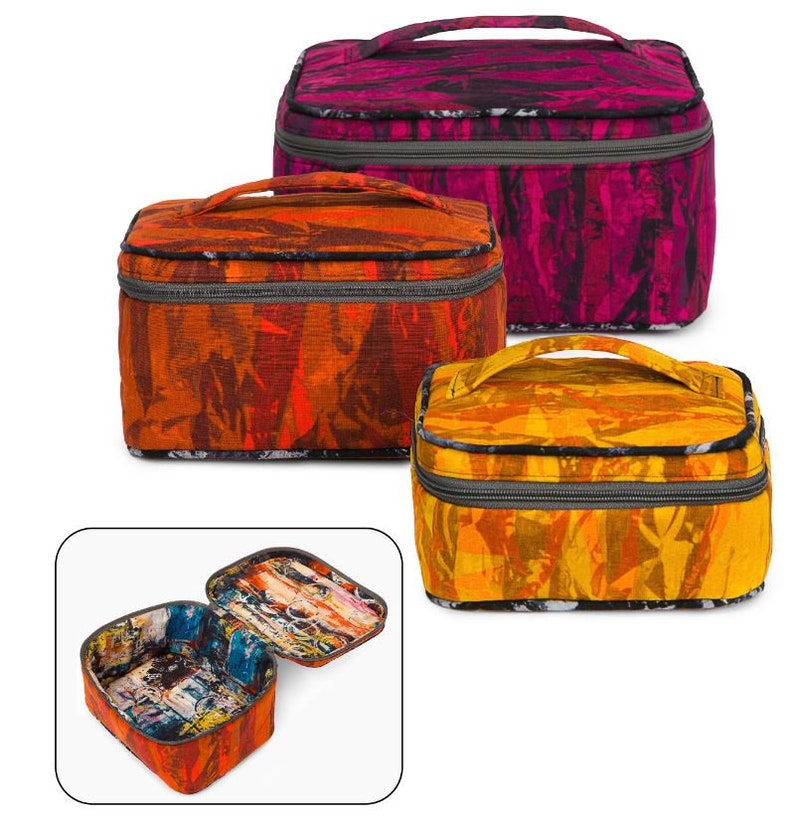 May include: Three colorful cosmetic bags with a zipper closure and a top handle. The bags are made of a patterned fabric with a geometric design. The bags are open and empty.