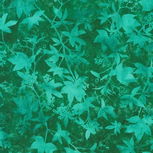 May include: A fabric featuring a teal botanical design of leaves and berries against a dark green backdrop. The leaves have a watercolour effect, giving a textured look. Ideal for quilting, clothing, or home decor.