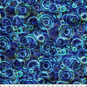 Peut inclure: Motif num&eacute;rique abstrait avec des cercles bleus et verts qui se chevauchent sur un fond bleu fonc&eacute;. Les cercles ont un effet lumineux et semblent &ecirc;tre reli&eacute;s par des lignes.