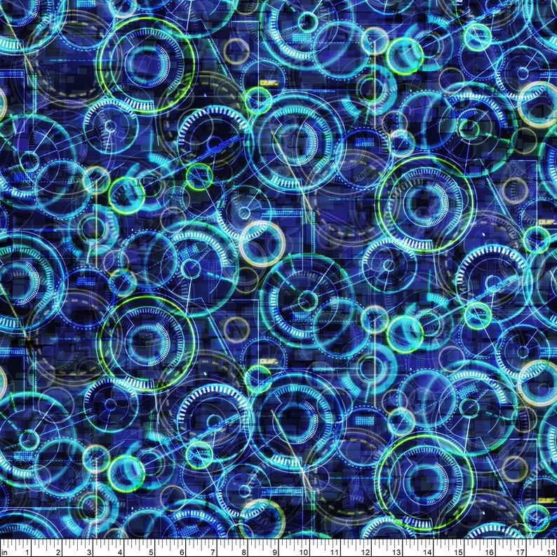 Peut inclure: Motif num&eacute;rique abstrait avec des cercles bleus et verts qui se chevauchent sur un fond bleu fonc&eacute;. Les cercles ont un effet lumineux et semblent &ecirc;tre reli&eacute;s par des lignes.